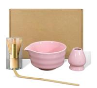 PZCC Ensemble de Matcha Japonais 4 Pièces, avec Fouet et Cuillère en Bambou, Bol Fait Main avec Bec Verseur, Support de Mélange en Céramique, Cadeaux Créatifs pour Les Amateurs de Matcha (Rose)