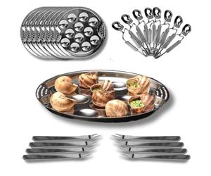 PZL CONCEPT Service à Escargots 12 trous - Assiettes, Pinces et Piques à Escargots en Acier Inoxydable - Coffret Complet d’Ustensiles pour 4, 6, 8 ou 12 personnes (Set 24 pcs)