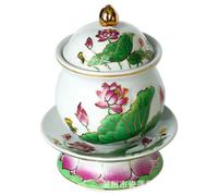 PZOFERLIN Bol d'offrande bouddhiste Coupe d'offrande d'eau bénite en céramique représentant le Bouddha Guanyin et un lotus, 15 x 11 cm