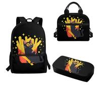 Pzuqiu Sac à dos d'étudiant pour enfants avec boîte à déjeuner et trousse à stylos Ensemble de 3 pièces pour élèves du primaire et du collège, Chat frites