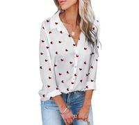 PZUYBZQ Chemisier Boutonnée Pour Femme, Blouse Col V Imprimé Cœur, Chemises Décontractées À Manches Longues Avec Broderie Lèvres Rouges(White Heart,XL)