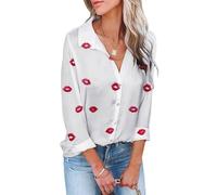 PZUYBZQ Chemisier Boutonnée Pour Femme, Blouse Col V Imprimé Cœur, Chemises Décontractées À Manches Longues Avec Broderie Lèvres Rouges(White Red Lips,M)