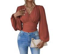 PZUYBZQ Chemisier Femme Blouse Cache-cœur Élégant Pour Femme Col En V Chemises De Travail Mode D'automne Manches Longues Habillée Décontractée Haut Froncé(Red,S)