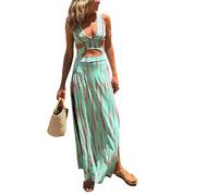 PZUYBZQ Robes Pour Femmes, Robe Moulante À Imprimé Floral Style Bohème Avec Col En V Et Ceinture Croisée, Robe D'été Sans Manches Avec Fente Pour La Plage Et Les Fêtes(Blue,L)