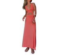 PZUYBZQ Robes Pour Femmes, Robe Moulante À Imprimé Floral Style Bohème Avec Col En V Et Ceinture Croisée, Robe D'été Sans Manches Avec Fente Pour La Plage Et Les Fêtes(Orange Red,L)