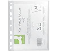 Q-Connect Pochettes transparentes (lot de 100) DIN A5, pochettes perforées 50 microns, ouverture par le haut, couvercle en plastique transparent perforé pour documents et dossiers