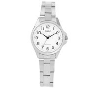 Q&Q Montre à quartz analogique pour femme en acier inoxydable avec bracelet à maillons et boucle déployante 3 bars, Argenté/blanc, Classique
