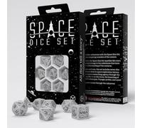 Q-Workshop Jeu de dés Apollo RPG inspiré par Apollo de la NASA - Blanc scintillant avec gravures noires - Parfait pour les jeux de table et les RPG - 7 dés polyédriques (D4, D6, D8, 2D10, D12, D20)