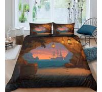Q6A9Z3W7R Parure de lit 3D Grotte Pirate Microfibre Chambre Ado | Single（135x200cm）toucher doux respirant fermeture éclair entretien facile couleurs vives idée cadeau déco étudiant