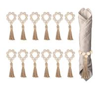 Qaautor 12 Pièces Ronds de Serviette en Perles de Bois Naturel avec Glands Porte-Serviettes pour Noël Ferme Mariage Maison Table Décor