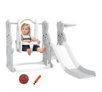 Qaba Toboggan et balançoire Enfant 4 en 1 1.5-4 Ans Gris | Aire de jeux enfant thème lapin, grimpeur, panier de basket, intérieur extérieur jardin