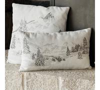 QABANE - Housse de Coussin Sapins Enneigés - Polyester - Linge de Maison - Motifs Montagneux - Décoration Chalet, Rustique - Fermeture Zip - 30 x 50 cm - Gris Clair