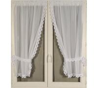 QABANE - Paire de Rideaux Bonne Femme à Bord Macramé - Polyester - Style Traditionnel et Moderne - Ourlet Passe Tringle - Prêts à Poser - 65 x 120 cm - Blanc