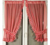 QABANE - Paire de Rideaux Bonne Femme à Carreaux Normands - Polyester - Petits Voilages Vitrages Avec Ourlet Passe Tringle Et Embrasses Assorties - Pour Fenêtre Cuisine Bureau - 95 x 160 cm - Rouge