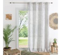 QABANE - Voilage Feuilles de Palmier Poly-Lin - Tissu Oeko-Tex - Oeillets Ronds Canon de Fusil - Impressions Feuillages Exotiques - Taille 140 x 240 cm - Couleur Argent