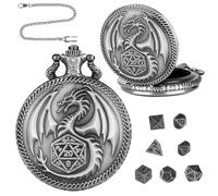 Qaestuan Lot de Mini Dés DND, 7 Dés Polyédriques D&D en Métal, Montre de Poche Steampunk avec Motif de Dragon, Accessoires de Jeu de Sociétéx Portable, pour Voyage Faire la Fête Camping (Argent)