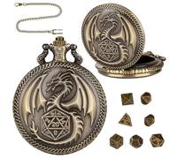 Qaestuan Lot de Mini Dés DND, 7 Dés Polyédriques D&D en Métal, Montre de Poche Steampunk avec Motif de Dragon, Accessoires de Jeu de Sociétéx Portable, pour Voyage Faire la Fête Camping (Bronze)