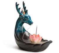 Qaixwuyi Porte Encens Céramique Bruleur D'encens Backflow Incense Burner avec 20 Encens Cone Refoulement 30 Bâtons D'encens 1 Pince 1 Tapis pour Méditation Yoga Bureau Salon Cerf Lotus Rose