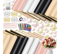 QAMEGX Lot de 20 feuilles de papier cadeau à motif floral - 167 feuilles de papier cadeau pour bouquet avec papillons 3D, couronnes, épingles, paillettes - Étanche - Pour bricolage, mariage, fête des