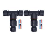 QANYEGN 2Pcs 3 Way Junction Box, Electrical Wire Cable Connector, Water Proof T Shape Cord Connector for Outdoor Flood Lights (Two in and Two Out)