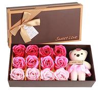 QANYEGN Savon De Bain Parfumé Floral Pétales De Fleurs De Rose, Ours en Peluche, Coffret Cadeau Fleur De Savon pour Cadeau Romantique de la Saint-Valentin(Dégradé Poudre)