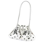 Qaonsciug Sac à bandoulière contemporain en cuir métallique avec cordon de serrage - Design seau creux - Compact - Pour femme - Sac à main moderne avec rivets, Argenté., One Size