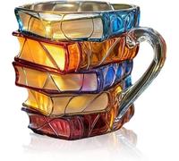 QAQCDAHJI Mug fantaisie en verre de 325 ml (11 oz) avec motif de livres empilés, peint à la main en 3D, idéal for les lecteurs et les amoureux de la littérature.