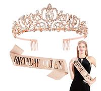 QARIDO Ensemble d'écharpes Happy Birthday - Ensemble d'écharpes d'anniversaire pour fille - Couronne en strass et écharpe pour femme avec peigne - Fournitures de cheveux confortables