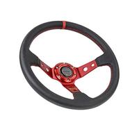 QASULER Car Sport Racing Steering Wheel Deep Dish 90mm Universal 14inch 350mm PVC Leather Horn Button Poulie de renvoi de plateau de tondeuse à gazon(Red Bracket)