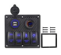 QASULER Panneau de commutation bateau marin 4 gangs avec prise voltmètre .2A double chargeur USB, for panneau d'interrupteur à bascule marche/arrêt lumière voiture Interrupteur marin(Blue)