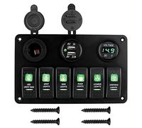 QASULER Voltmètre numérique DC 12 V 24 V, panneau d'interrupteurs à bascule à 6 boutons, double ports USB, for disjoncteur de voiture, marine, lumières marche/arrêt étanches Interrupteur marin(Green)