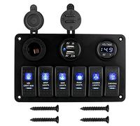 QASULER Voltmètre numérique DC 12 V 24 V, panneau d'interrupteurs à bascule à 6 boutons, double ports USB, for disjoncteur de voiture, marine, lumières marche/arrêt étanches Interrupteur marin(Blue)
