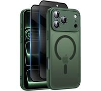 Qasyfanc Coque magnétique pour iPhone 17 Pro et 2 films de confidentialité en verre trempé, compatible avec Mag safe,[Anti-jaune] translucide mat arrière antichoc de protection, vert