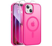 Qasyfanc Coque Magnétique pour iPhone13/iPhone14 Compatible avec MagSafe avec 2 Verre trempé Protection écran, Anti-Jaune Antichoc Caméra Protecteur pour iPhone13/iPhone14-Rose Vif