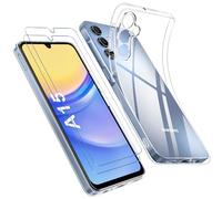 Qasyfanc Coque Protection Caméra Compatible avec Samsung Galaxy A15 4G / A15 5G Coque et 2 Pièces Verre Trempé, Ultra Mince Étui Samsung A15 Souple Silicone Anti-Jaune TPU Bumper Housse, Trasparente