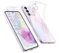 Qasyfanc Coque Protection Caméra Compatible avec Samsung Galaxy A35 5G Coque et 2 Pièces Verre Trempé, Ultra Mince Étui Samsung Galaxy A35 Souple Silicone Anti-Jaune TPU Bumper Housse, Trasparente