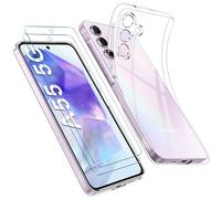 Qasyfanc Coque Protection Caméra Compatible avec Samsung Galaxy A55 5G Coque et 2 Pièces Verre Trempé, Ultra Mince Étui Samsung Galaxy A55 Souple Silicone Anti-Jaune TPU Bumper Housse, Trasparente