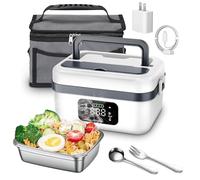 Qawner Gamelle Chauffante avec Batterie, 1L Lunch box Chauffante, Chauffage Programmable, 4 * 4000mAh Rechargeable Batterie, avec Minuterie et Sac Isotherme, pour Travail, Voiture, Chantier (Blanc)