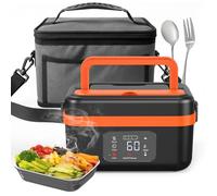 Qawner Gamelle Chauffante avec Batterie, 1L Lunch box Chauffante, Chauffage Programmable, 4 * 4000mAh Rechargeable Batterie, avec Minuterie et Sac Isotherme, pour Travail, Voiture, Chantier (Orange)
