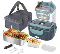 Qawner Gamelle Chauffante Électrique 2 en 1, 1.5L Acier Inoxydable Portable Boîte Repas, 12V/ 24V/ 220V Boîte Chauffante Repas, Chauffage Rapide, pour Voiture Camion Bureau (Vert)