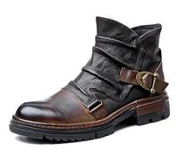 QAXZESA Bottes Chelsea rétro en cuir véritable pour hommes, chaussures de travail formelles, bottes de Cowboy occidentales pour moto,Dark Brown Thick-42