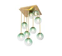 Qazqa Art Déco Art Déco plafondlamp goud met groen glas 9-lichts - Athens Acier/Verre Carré Convient pour LED Max. 9 x 28 Watt