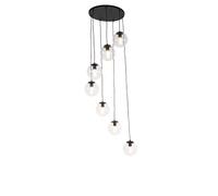Qazqa Art Deco Salle A Manger Suspension / Lustre / Luminaire / Lumiere / Éclairage Art Déco Noire 7 Lumières - Pallon Verre /Acier Noir,Transparent Globe /Oblongue / Intérieur / Salon / Cuisine E27 M