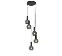 Qazqa Lampe à suspension Art Déco noire avec verre fumé ronde 5 lumières - Josje