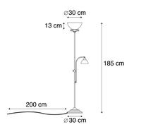 Qazqa Rustique Lampadaire / Lampe De Sol / Lampe Sur Pied / Luminaire / Lumiere / ÃClairage Classique Marron Avec Liseuse - Dallas Verre /Acier Blanc,Brun Rouille Rond /Oblongue / Intã©Rieur / Salon E