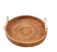 QAZWZG Plateau de rangement polyvalent en rotin, panier rond avec poignée, tissé à la main, plateau, osier, pain, fruits, nourriture, petit-déjeuner Pour Cuisine