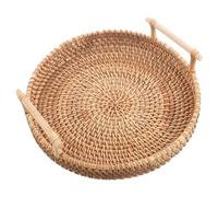 QAZWZG Plateau de service rond en rotin tressé avec poignées for servir des dîners, du café ou petit-déjeuner (8,7 pouces) Pour Cuisine