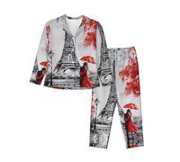 QAZWZML Ensemble de pyjama imprimé Tour Eiffel Paris à manches longues et boutons pour femme Convient pour les voyages et les sorties, Noir , L