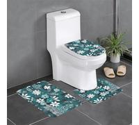 QAZWZML Lot de 3 tapis de salle de bain à imprimé floral bleu sarcelle et blanc comprenant une housse de siège de toilette en forme de U, un tapis de sol et une housse de siège à joint torique