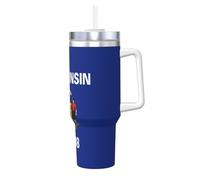QAZWZML Mug instantané à double paroi imprimé drapeau de l'État du Wisconsin avec poignée couvercle et paille Convient pour l'eau, milkshakes, smoothies